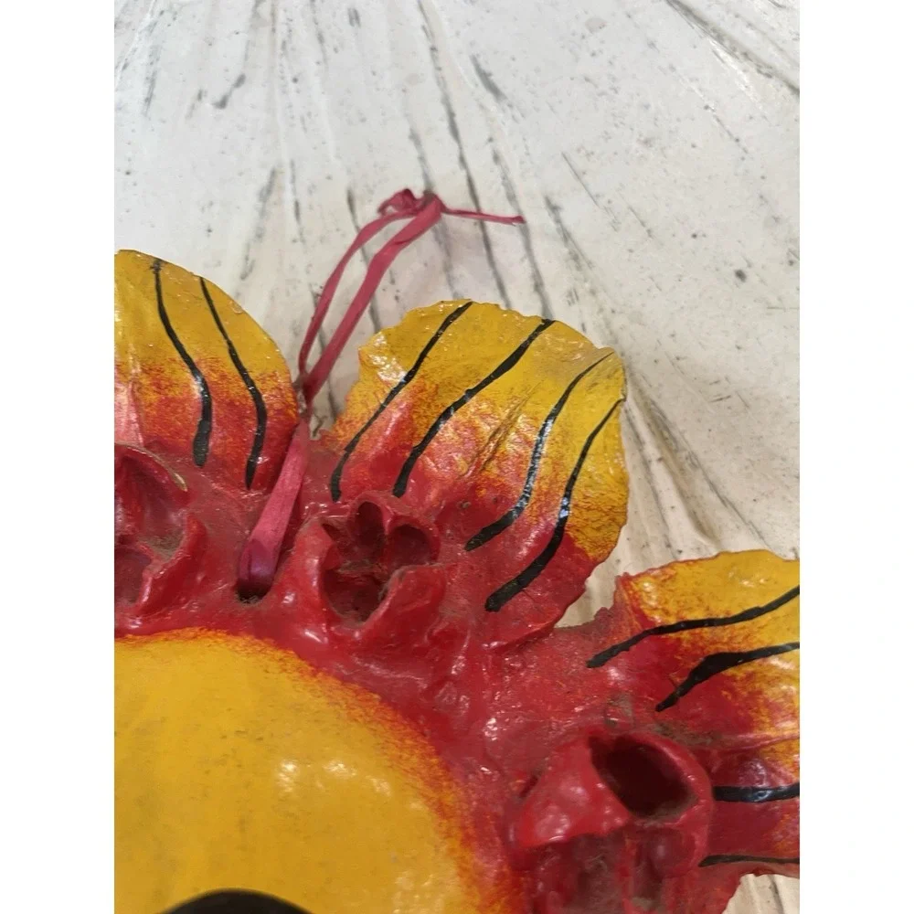 Mexican Coconut Shell Folk Art Mask Hand-Painted Vintage Celestial Sun Artsy